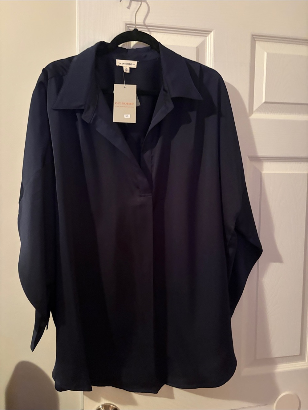 Navy Button-Front Relaxed Silk-Blend Shirt XL is on tag, but fits like 3x